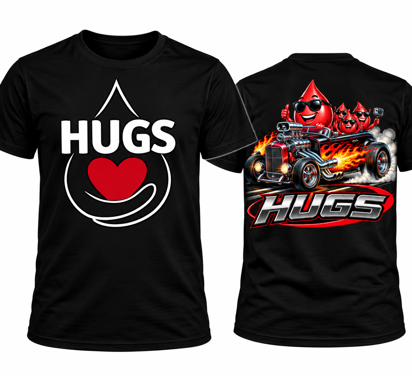 Rally tee concept, front and back: black shirts with HUGS heart artwork and blood-drop characters in a flaming hot rod